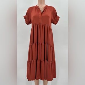 böhme Rust Tiered Rayon Midi Dress
